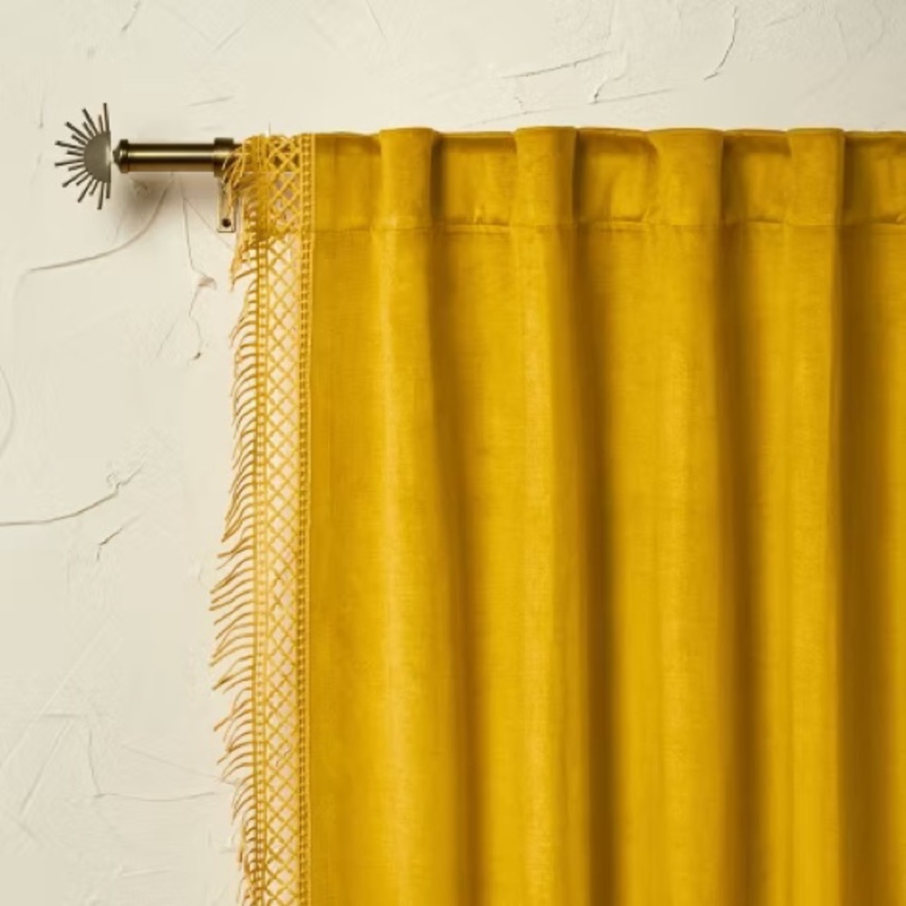 Opalhouse Gold Light Filtering Velvet Macrame Trim Curtain 1 Panel NWT - Picture 2 of 4